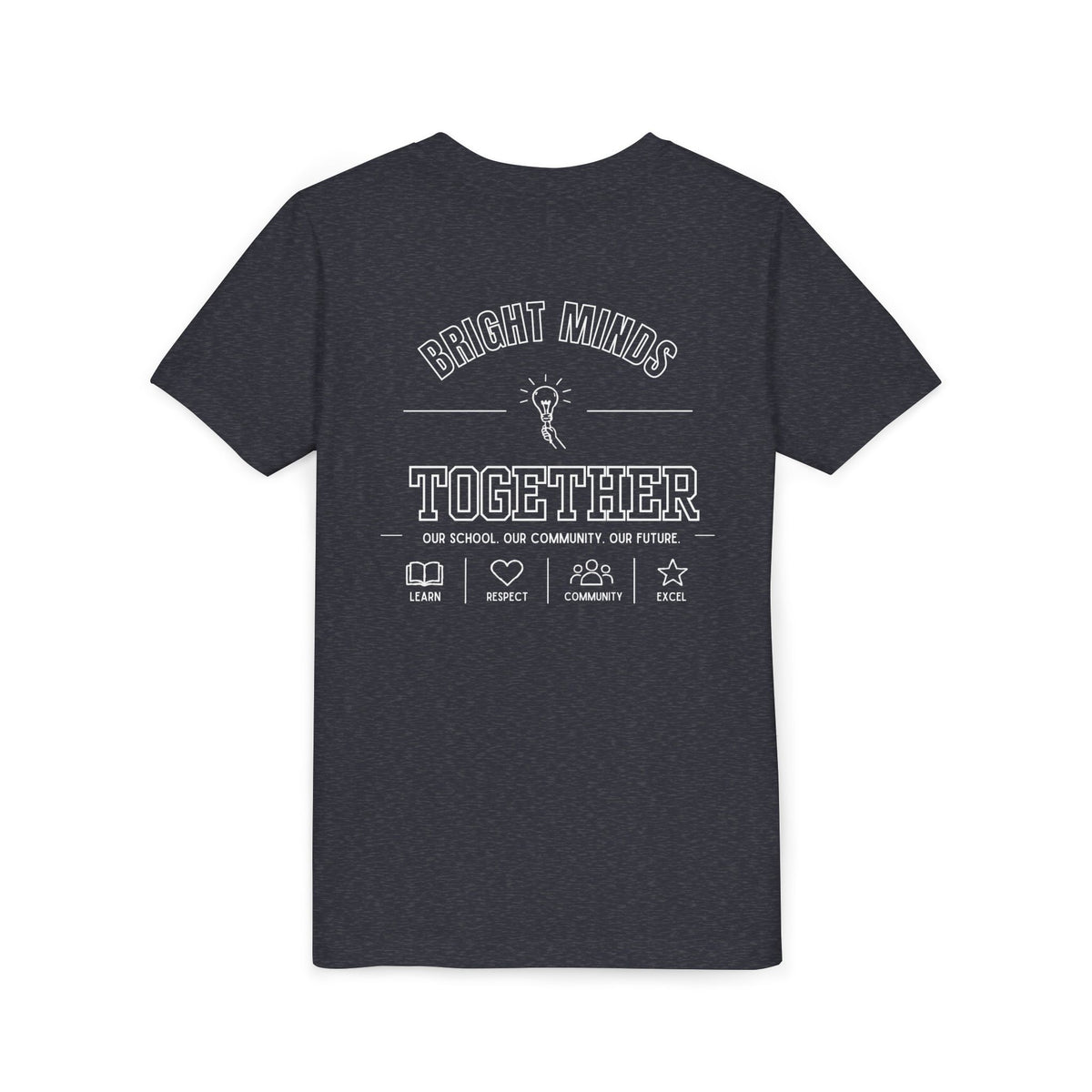 Bright Acres Bright Minds Together Youth Tee — Heather Navy, back, hanging