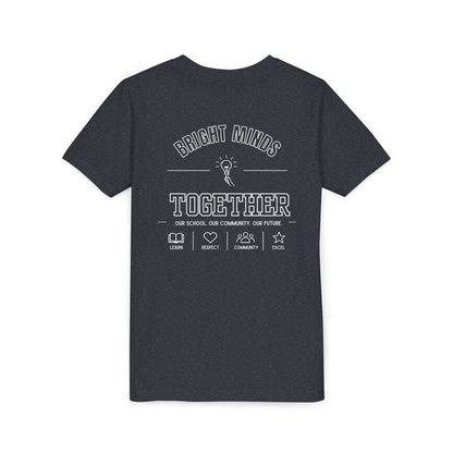Bright Acres Bright Minds Together Youth Tee — Heather Navy, back, hanging