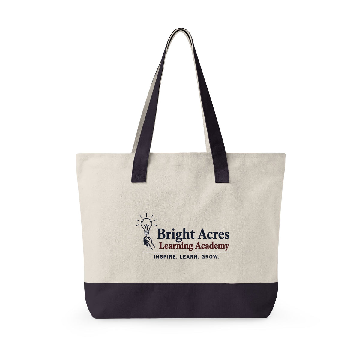 Bright Acres canvas tote in Natural/Navy, school logo on reverse