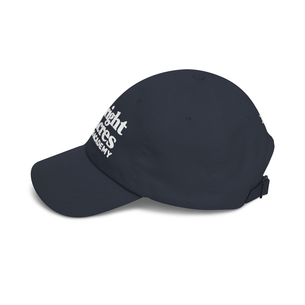 Bright Acres navy embroidered dad cap, right side