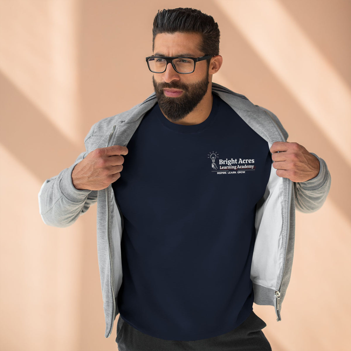 Bright Acres Bright Minds Together Fleece Adult Crewneck — Navy, front on model