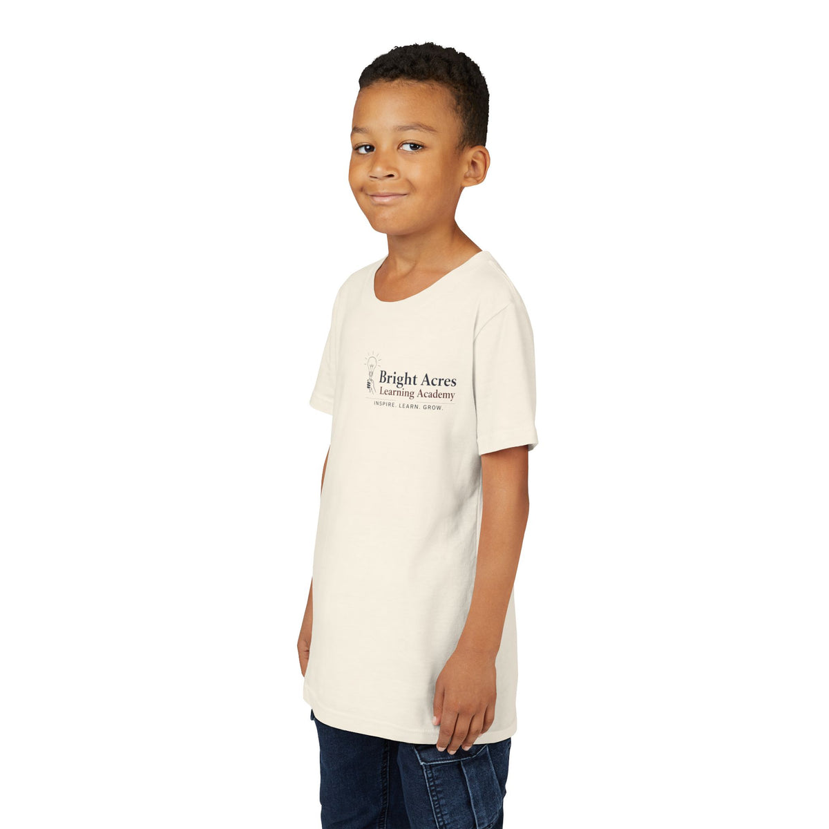 Bright Acres Bright Minds Together Youth Tee — Natural, front on model
