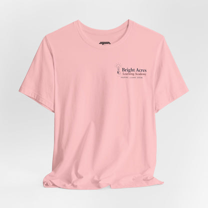 Bright Acres Collegiate Adult Tee — Pink, front hanging
