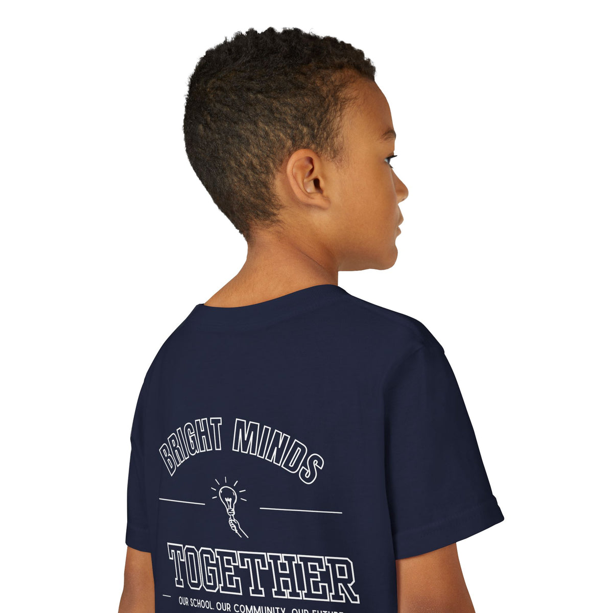 Bright Acres Bright Minds Together Youth Tee — Navy, back detail on model