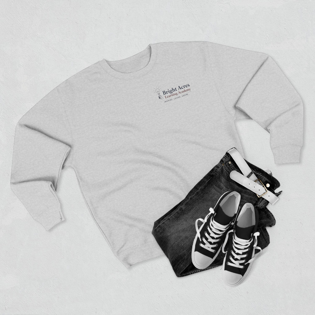 Bright Acres Bright Minds Together Fleece Adult Crewneck — Heather Grey, styled flat lay