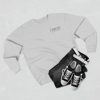 Bright Acres Bright Minds Together Fleece Adult Crewneck — Heather Grey, styled flat lay