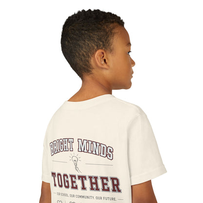 Bright Acres Bright Minds Together Youth Tee — Natural, back detail on model