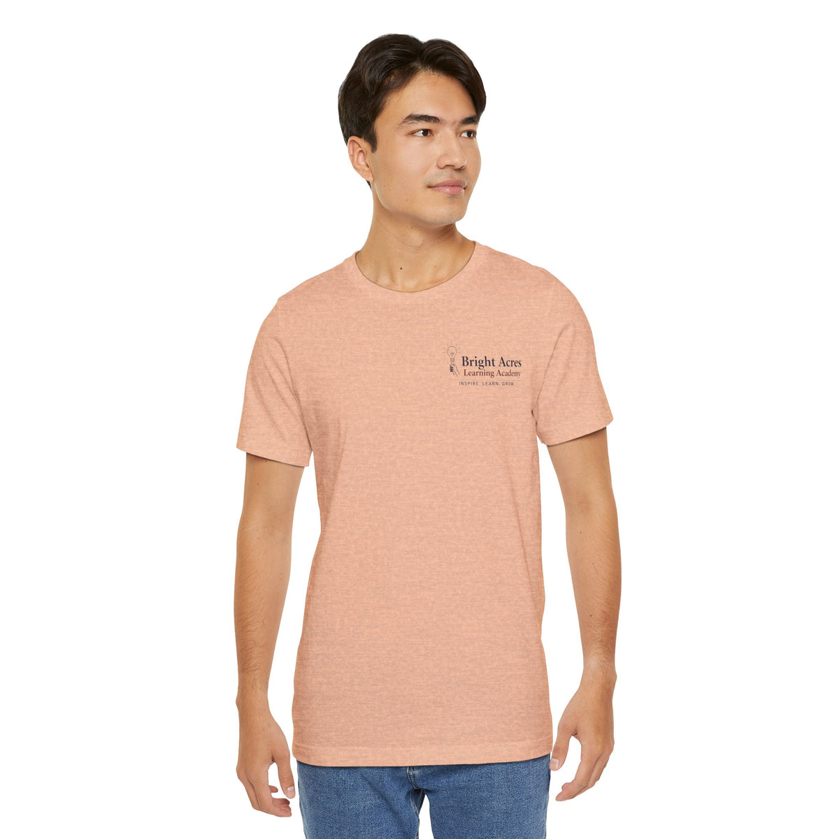 Bright Acres Collegiate Adult Tee — Heather Peach, front on model