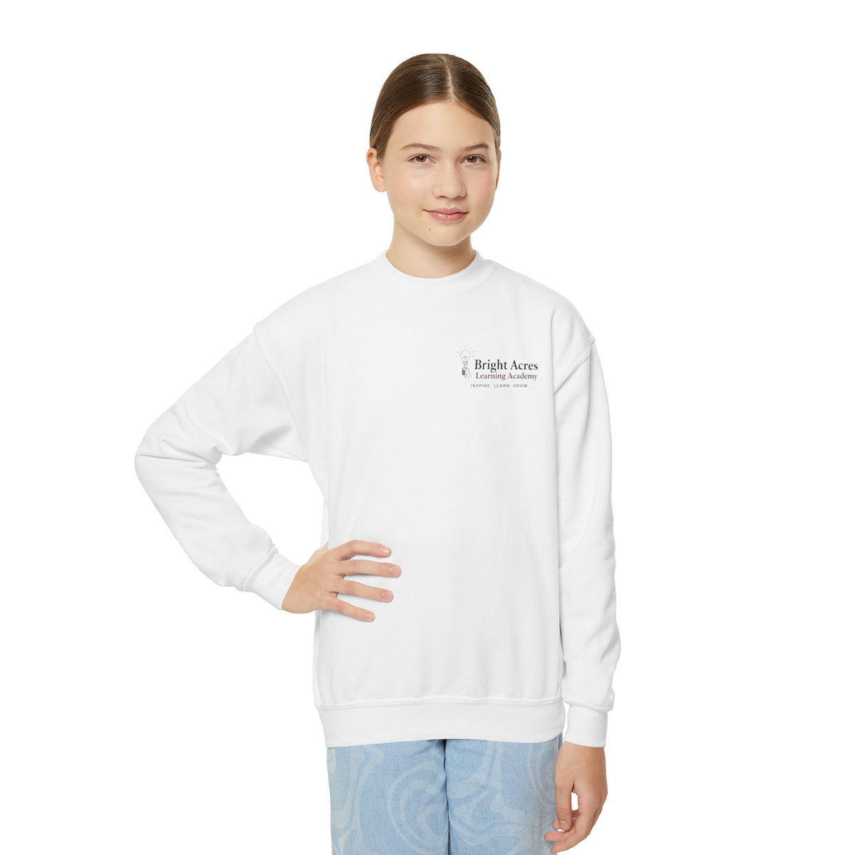 Bright Acres Community Youth Crewneck — White, front on model