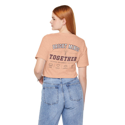 Bright Acres Bright Minds Together Adult Tee — Heather Peach, back on model