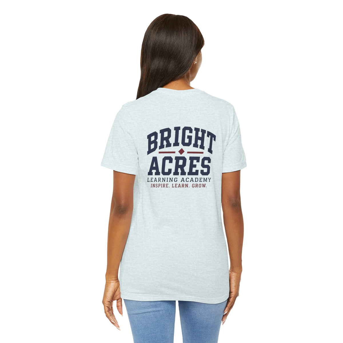 Bright Acres Collegiate Adult Tee — Heather Ice Blue, back on model
