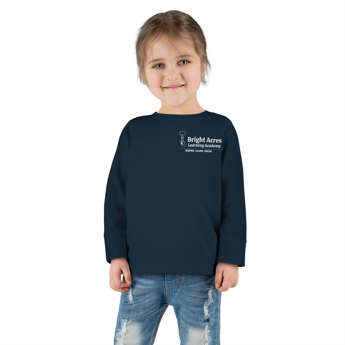 Bright Acres Bright Minds Together Toddler Long Sleeve — Navy, front on model