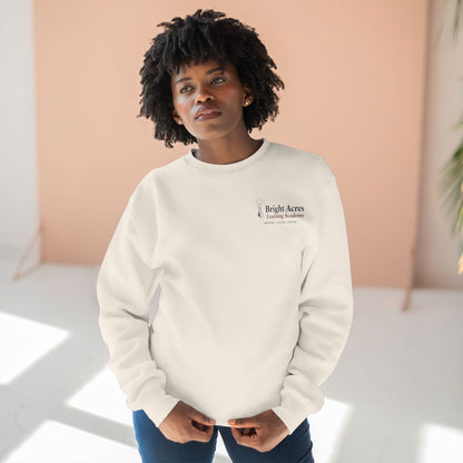 Bright Acres Bright Minds Together Fleece Adult Crewneck — Sandshell, front on model