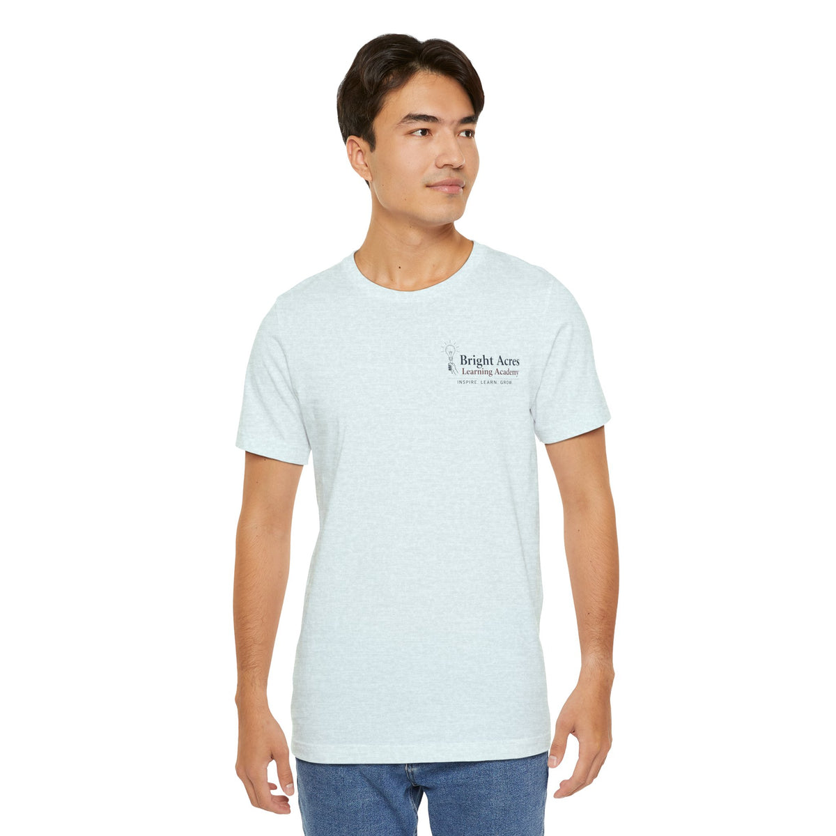 Bright Acres Collegiate Adult Tee — Heather Ice Blue, front on model
