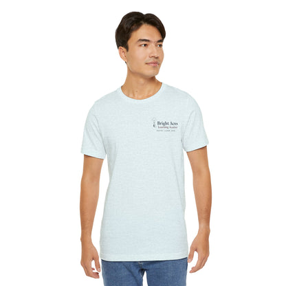 Bright Acres Collegiate Adult Tee — Heather Ice Blue, front on model