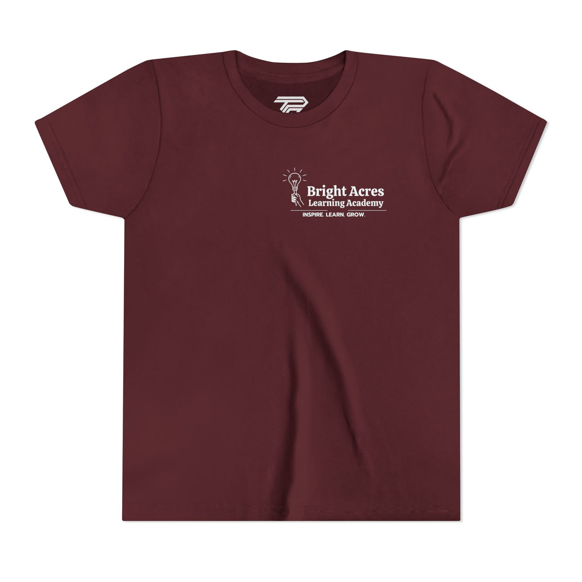 Bright Acres Bright Minds Together Youth Tee — Maroon, front