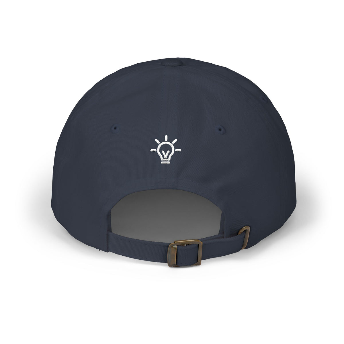 Bright Acres navy dad cap with white lightbulb embroidery above the adjustable back strap