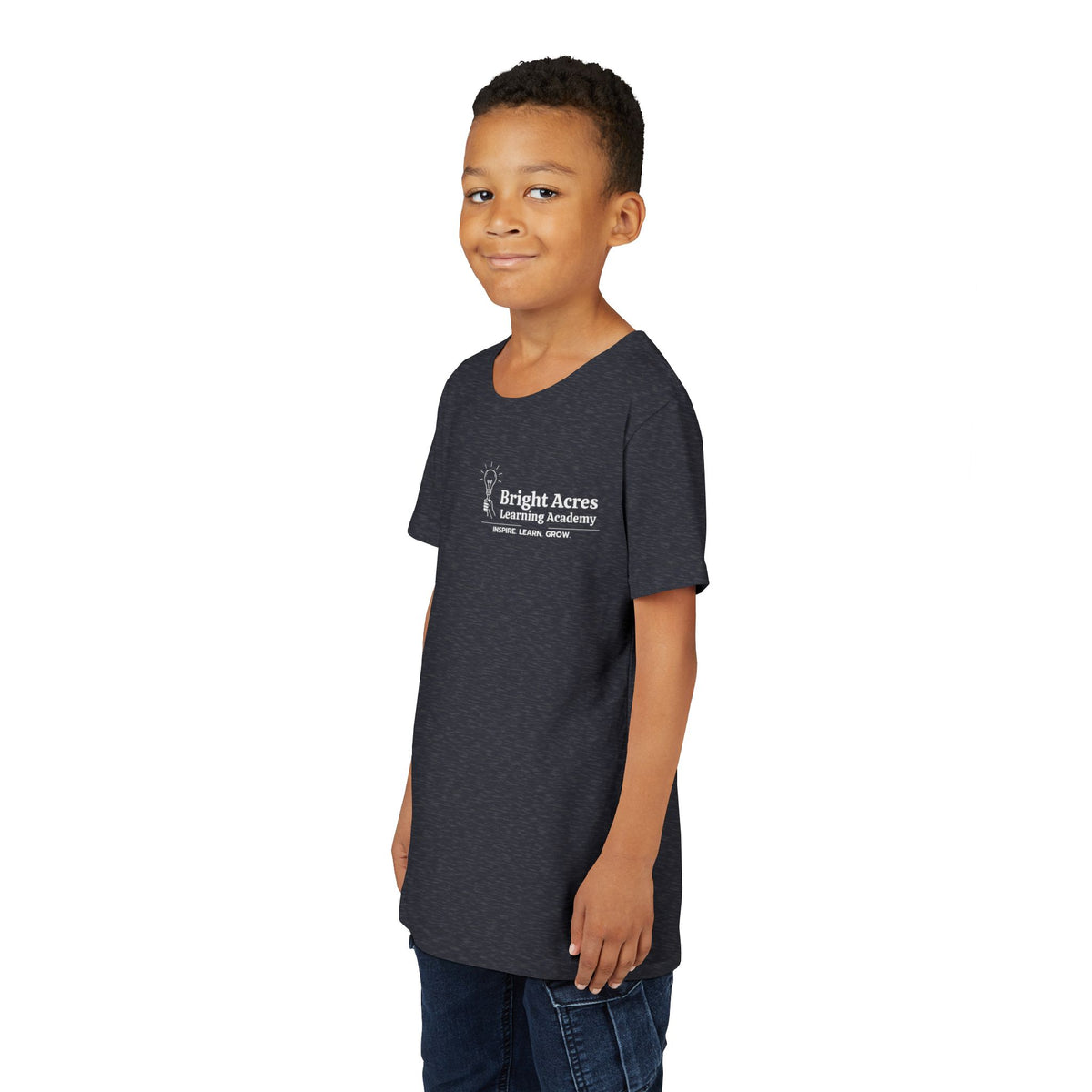 Bright Acres Bright Minds Together Youth Tee — Heather Navy, front on model