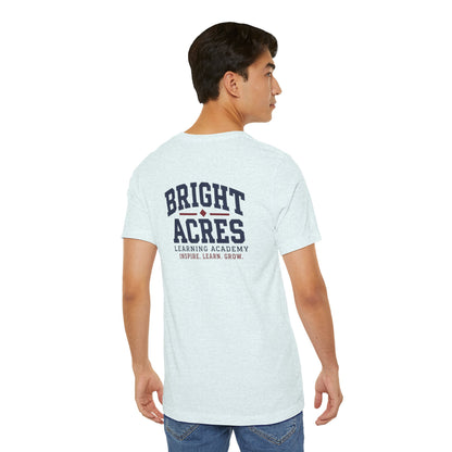Bright Acres Collegiate Adult Tee — Heather Ice Blue, back on model