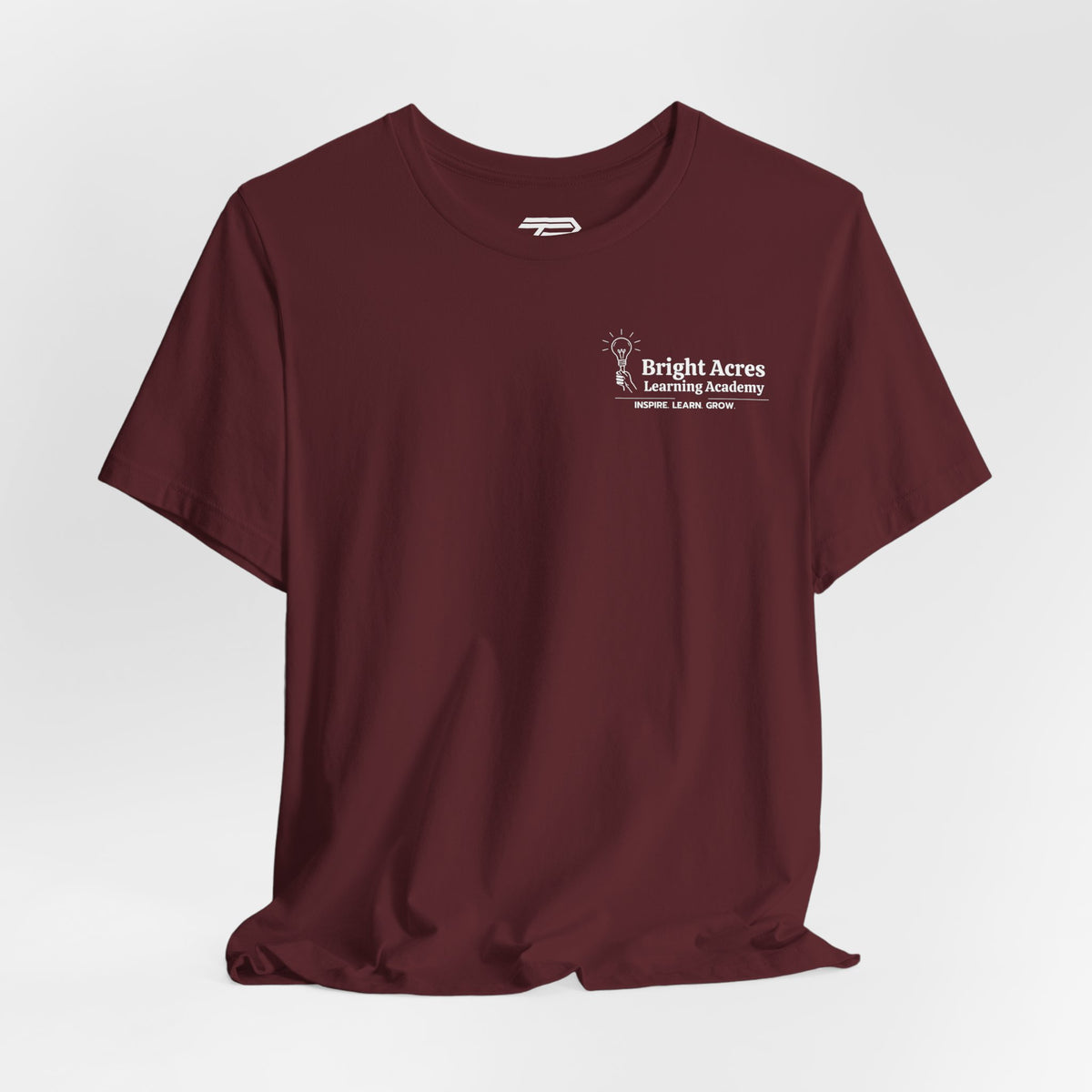 Bright Acres Bright Minds Together Adult Tee — Maroon, front hanging