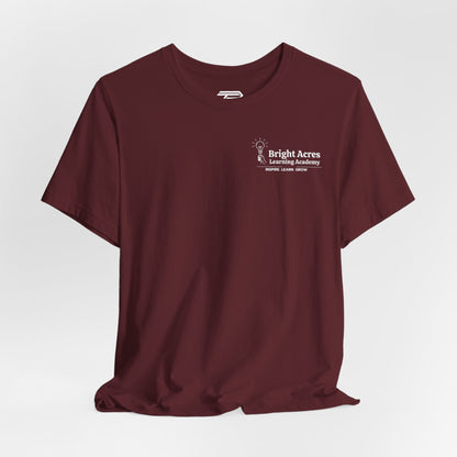 Bright Acres Bright Minds Together Adult Tee — Maroon, front hanging