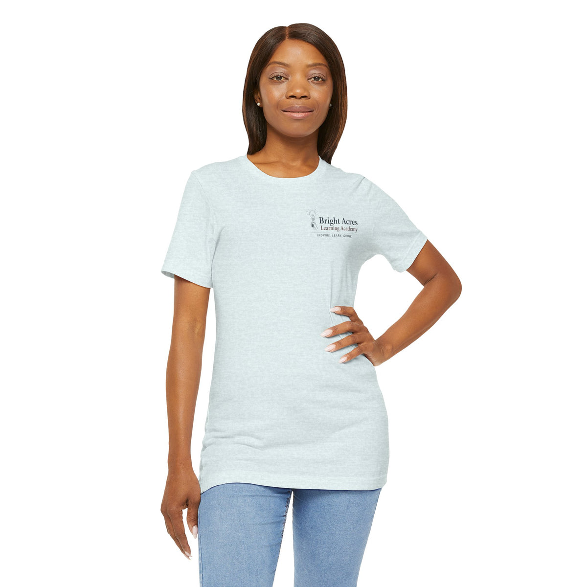 Bright Acres Collegiate Adult Tee — Heather Ice Blue, front on model