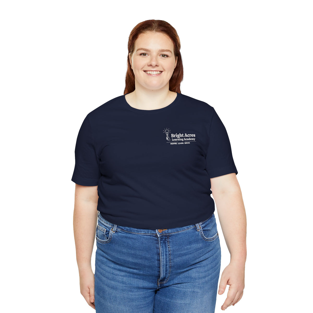 Bright Acres Bright Minds Together Adult Tee — Navy, front on model
