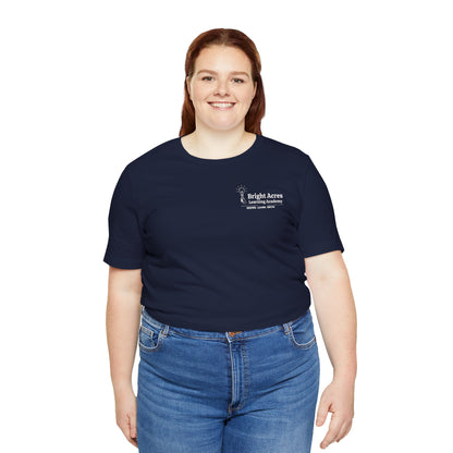Bright Acres Bright Minds Together Adult Tee — Navy, front on model
