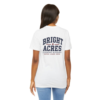 Bright Acres Collegiate Adult Tee — White, back on model
