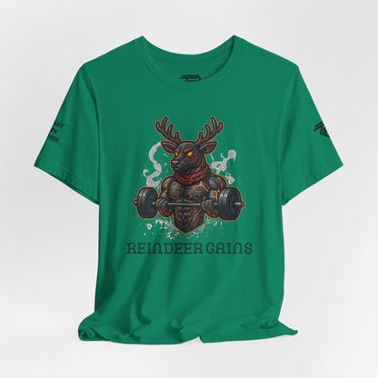Reindeer Gains Gym T‑Shirt — Funny Christmas Workout Tee