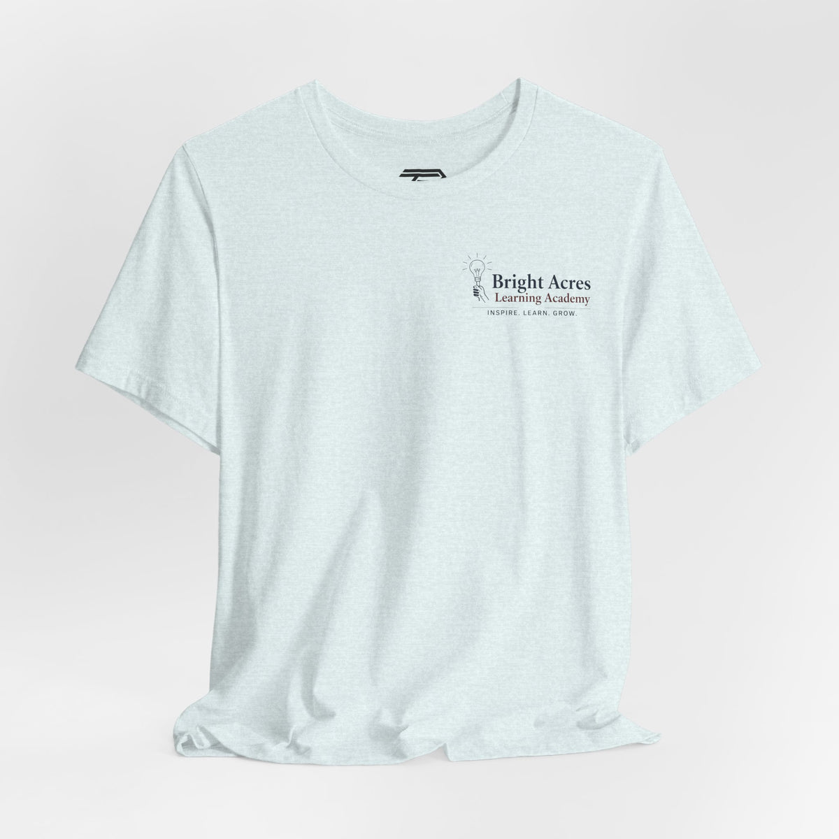Bright Acres Collegiate Adult Tee — Heather Ice Blue, front hanging