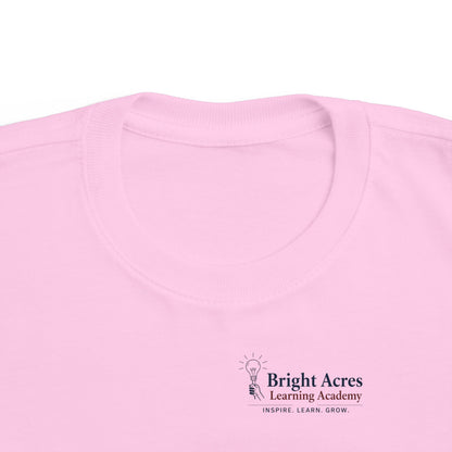 Bright Acres Bright Minds Together Toddler Tee — Pink, chest logo detail