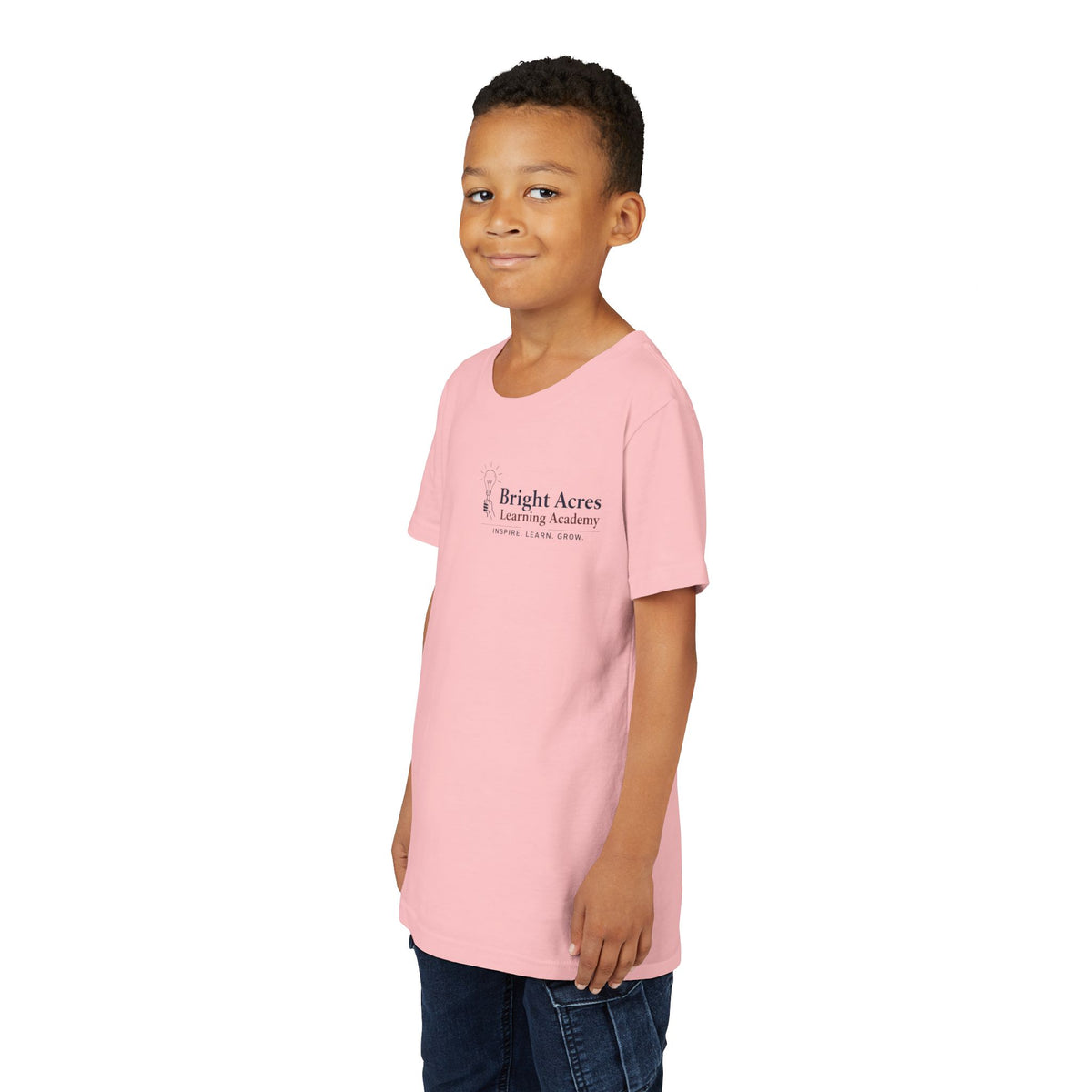 Bright Acres Bright Minds Together Youth Tee — Pink, front on model