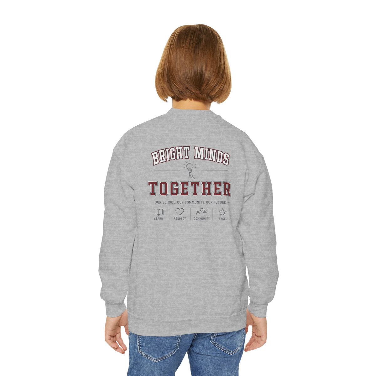 Bright Acres Bright Minds Together Youth Crewneck — Sport Grey, back on model