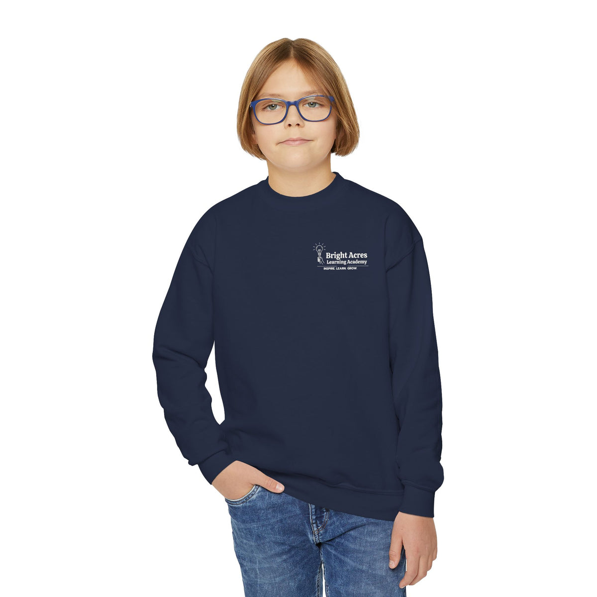 Bright Acres Bright Minds Together Youth Crewneck — Navy, front on model