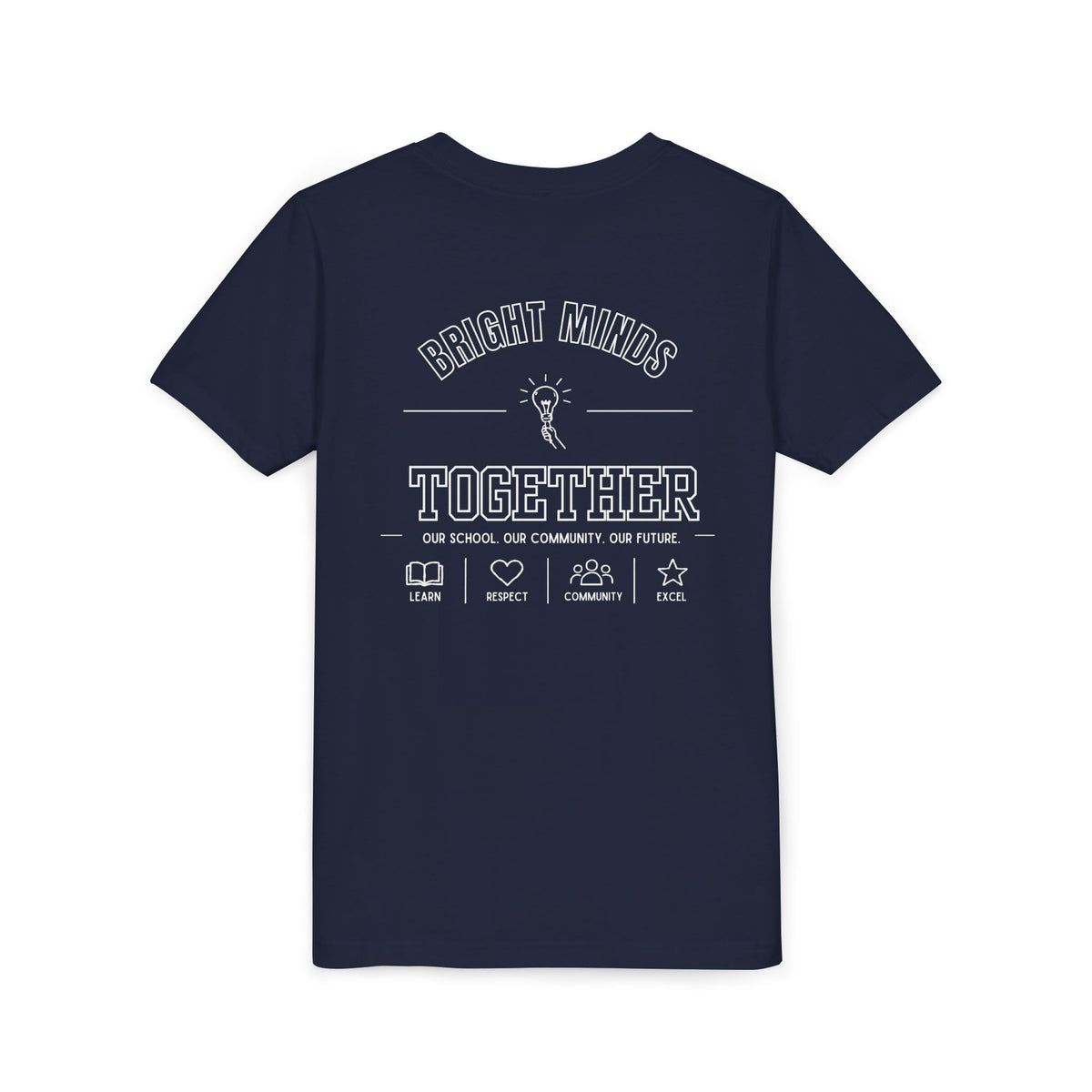 Bright Acres Bright Minds Together Youth Tee — Navy, back, hanging