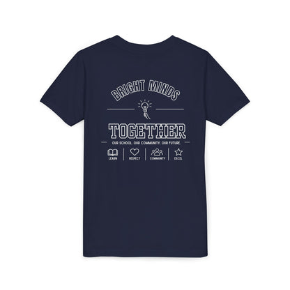 Bright Acres Bright Minds Together Youth Tee — Navy, back, hanging