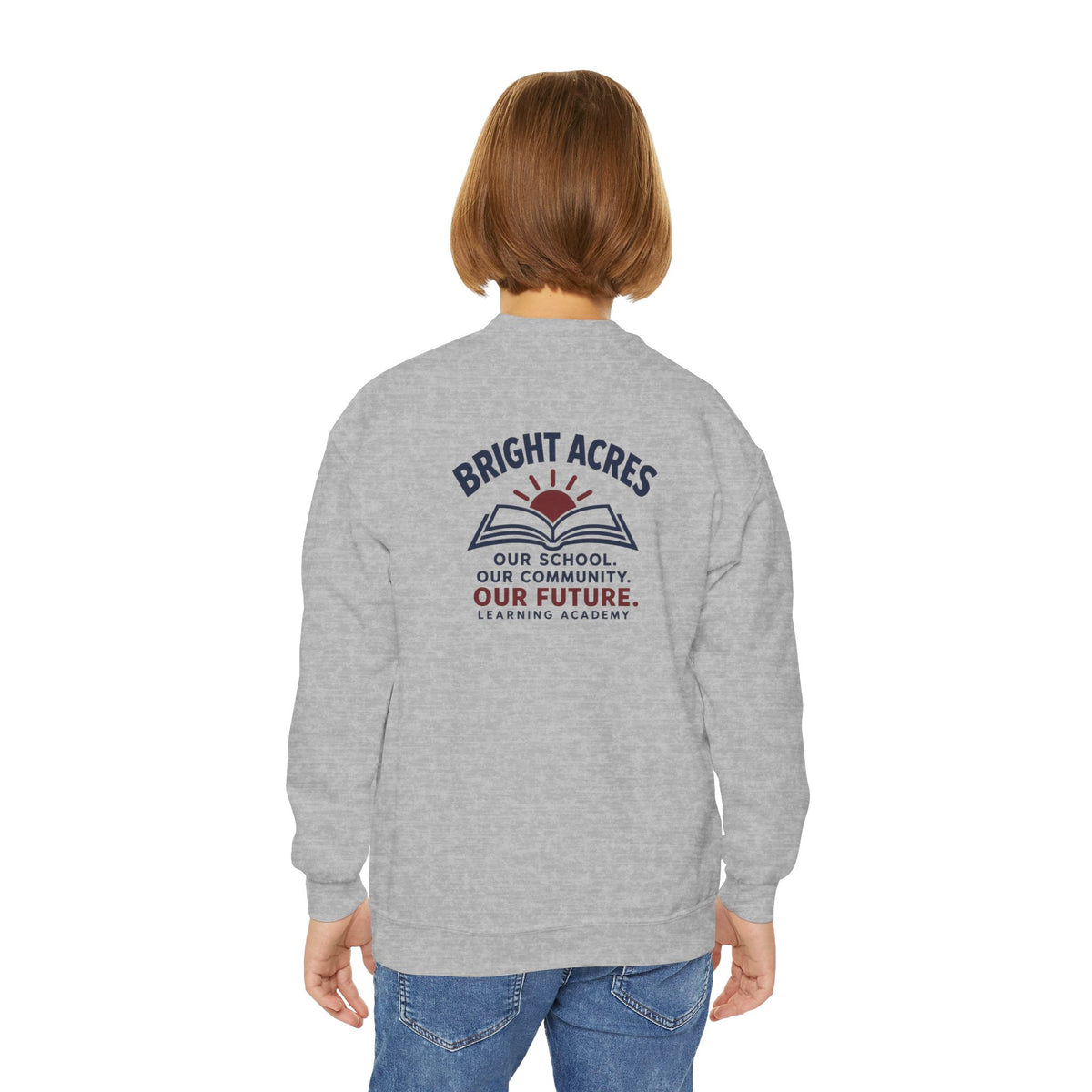 Bright Acres Community Youth Crewneck — Sport Grey, back on model