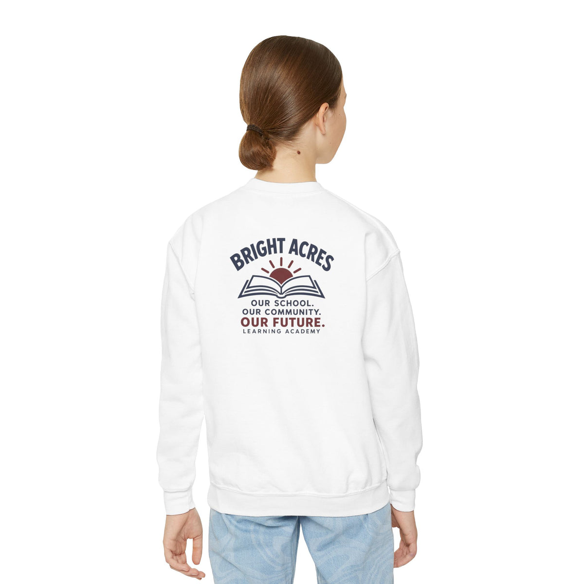 Bright Acres Community Youth Crewneck — White, back on model