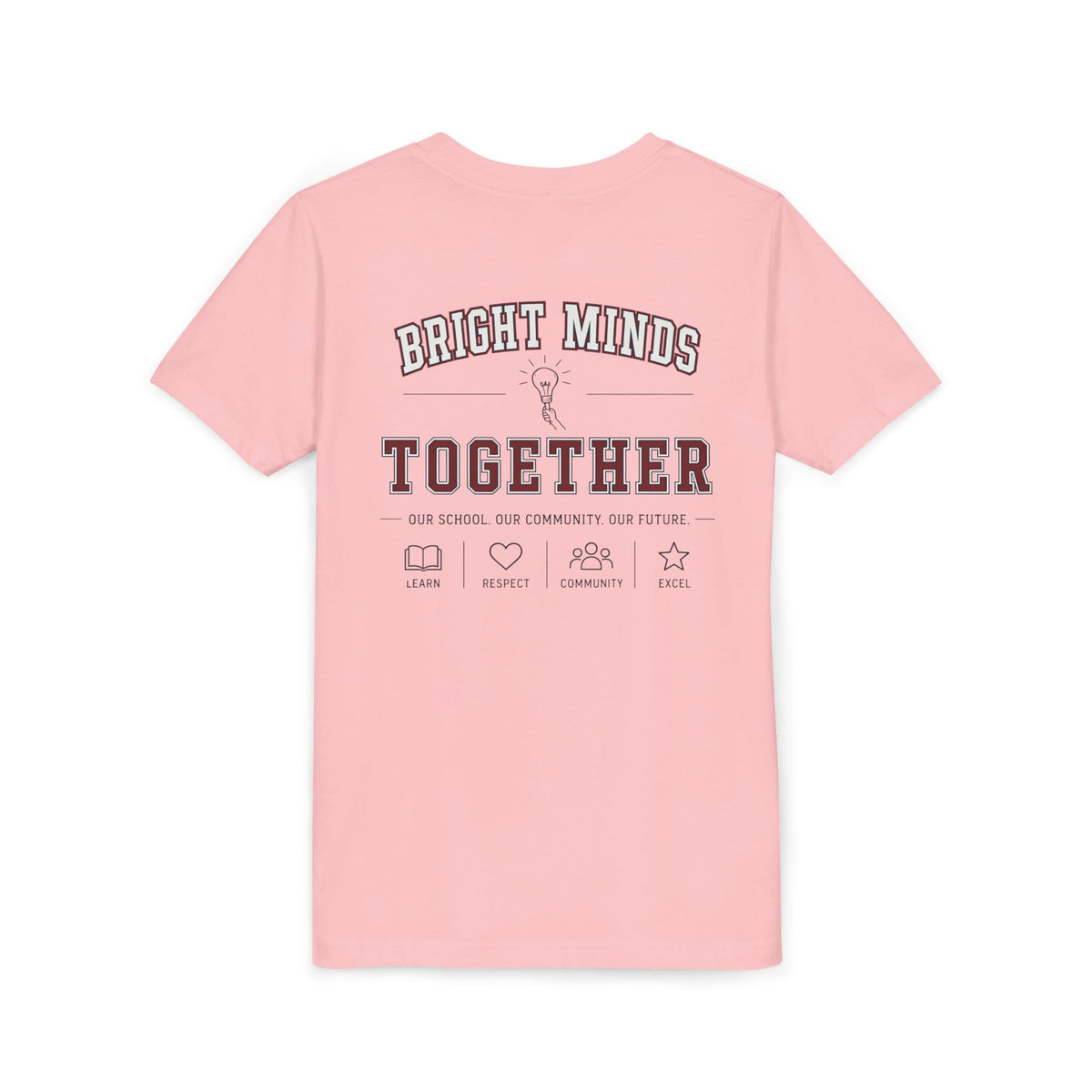 Bright Acres Bright Minds Together Youth Tee — Pink, back, hanging