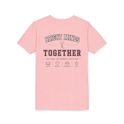 Bright Acres Bright Minds Together Youth Tee — Pink, back, hanging