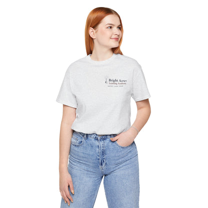 Bright Acres Bright Minds Together Adult Tee — Ash, front on model