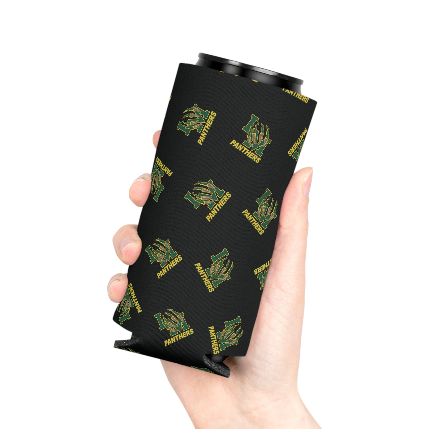Panthers Logo Can Cooler — Black Team Pattern Beverage Koozie (Game Day for Parents)