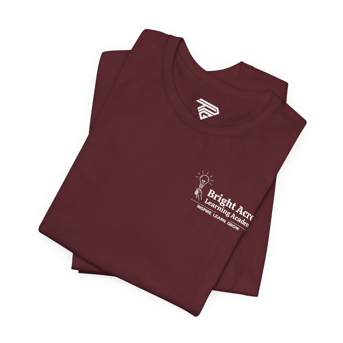 Bright Acres Bright Minds Together Adult Tee — Maroon, folded