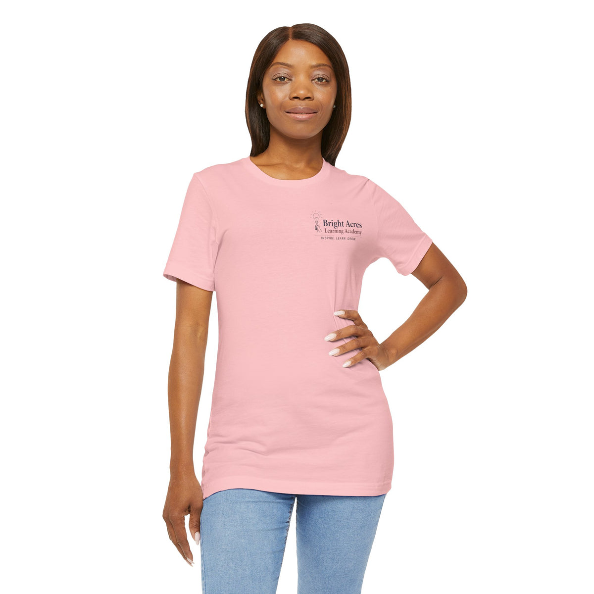Bright Acres Collegiate Adult Tee — Pink, front on model