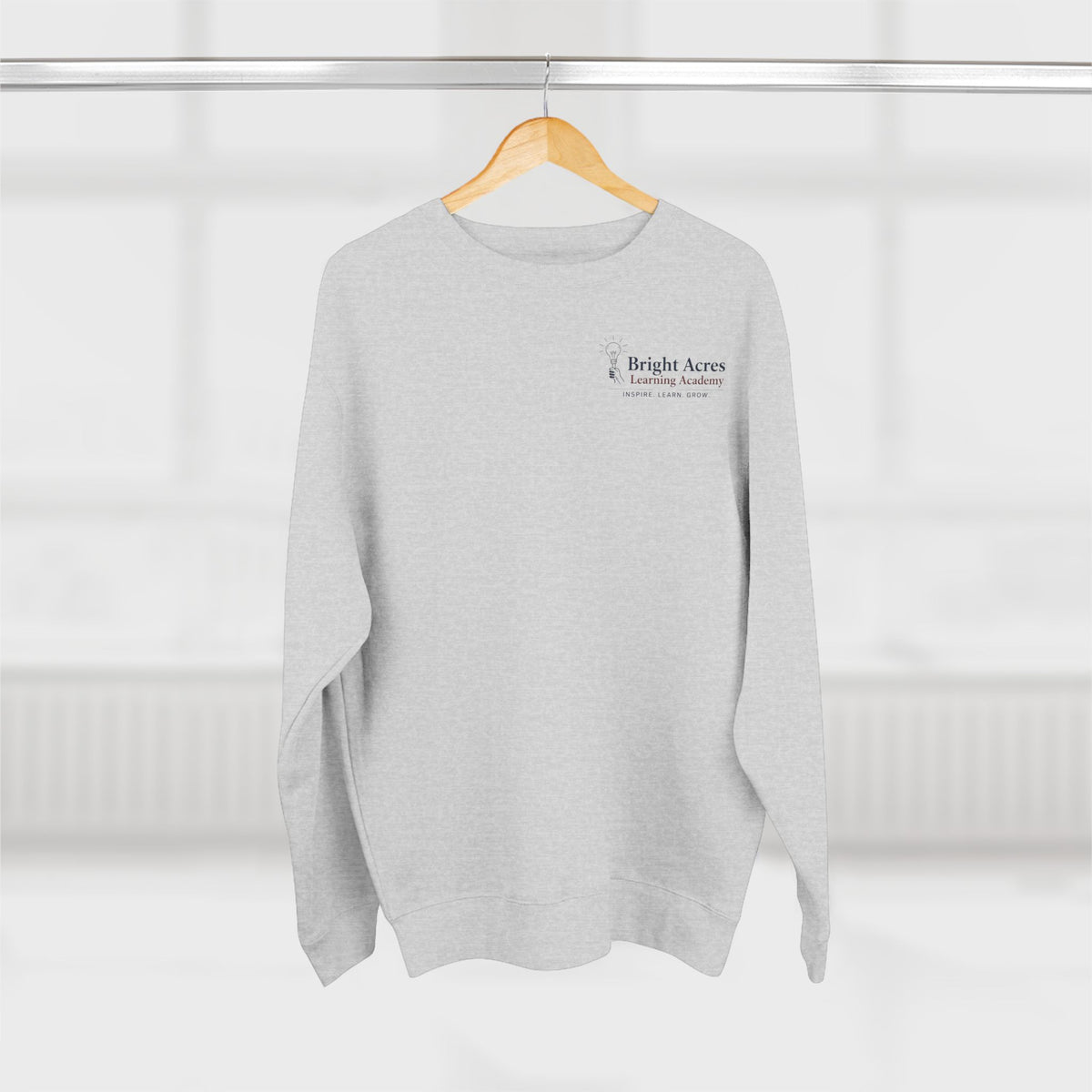 Bright Acres Bright Minds Together Fleece Adult Crewneck — Heather Grey, front hanging