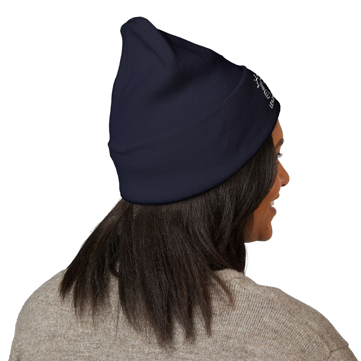 Bright Acres navy embroidered beanie worn by an adult, side view