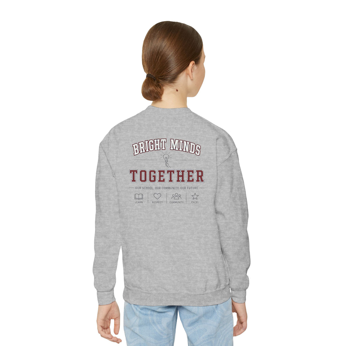 Bright Acres Bright Minds Together Youth Crewneck — Sport Grey, back on model