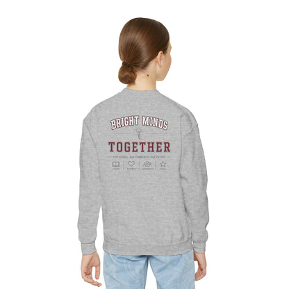 Bright Acres Bright Minds Together Youth Crewneck — Sport Grey, back on model