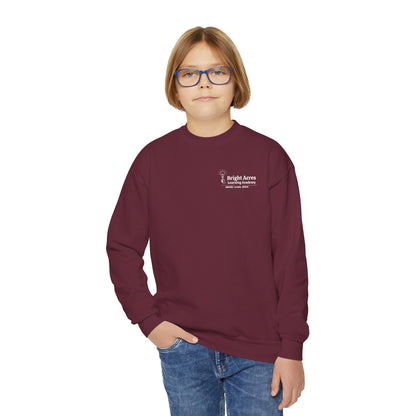Bright Acres Bright Minds Together Youth Crewneck — Maroon, front on model